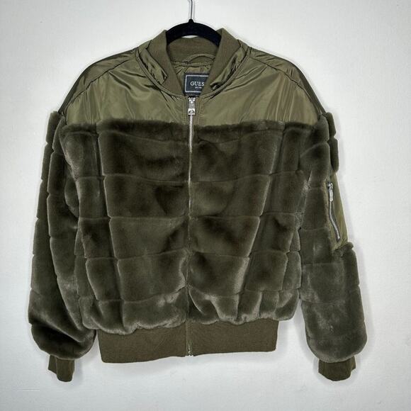 NWOT Guess Felicia Super Soft Olive Green Faux Fur Bomber Jacket Side Pockets XS - Picture 3 of 12